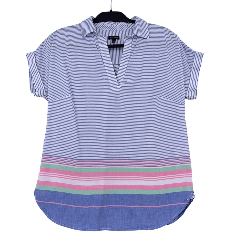 Casual Striped Split-Neck Blouse in Blue and Pastel